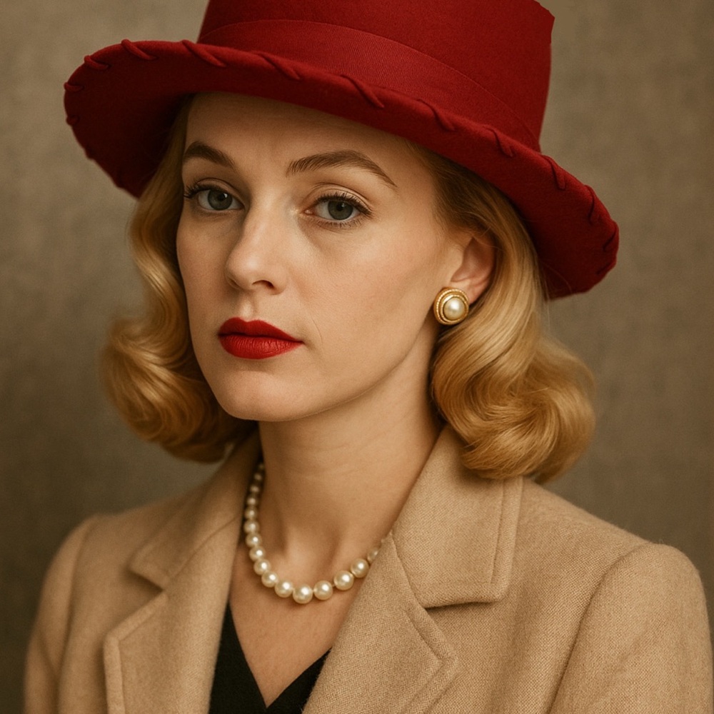 Vintage Candy Apple Red Wide-Brim Hat with Stitching Detail 1940s/50s (Small)